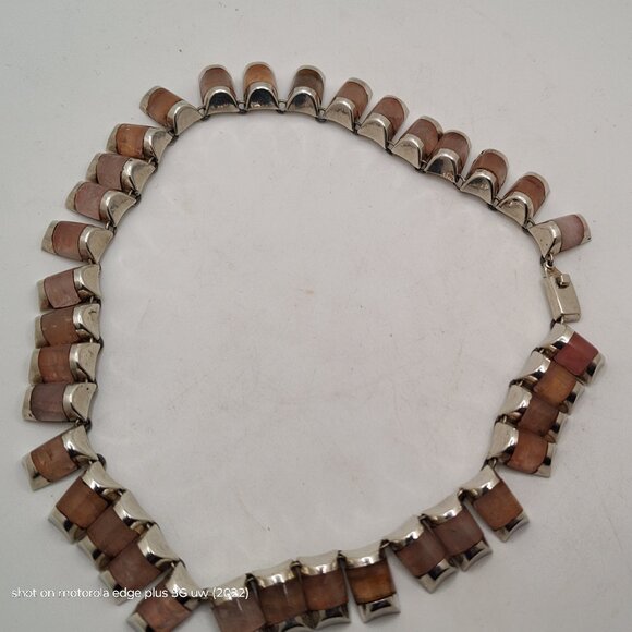 Vintage Sterling By Laura:   Sterling Tile and Moonstone Collar Necklace 14" - Picture 13 of 16